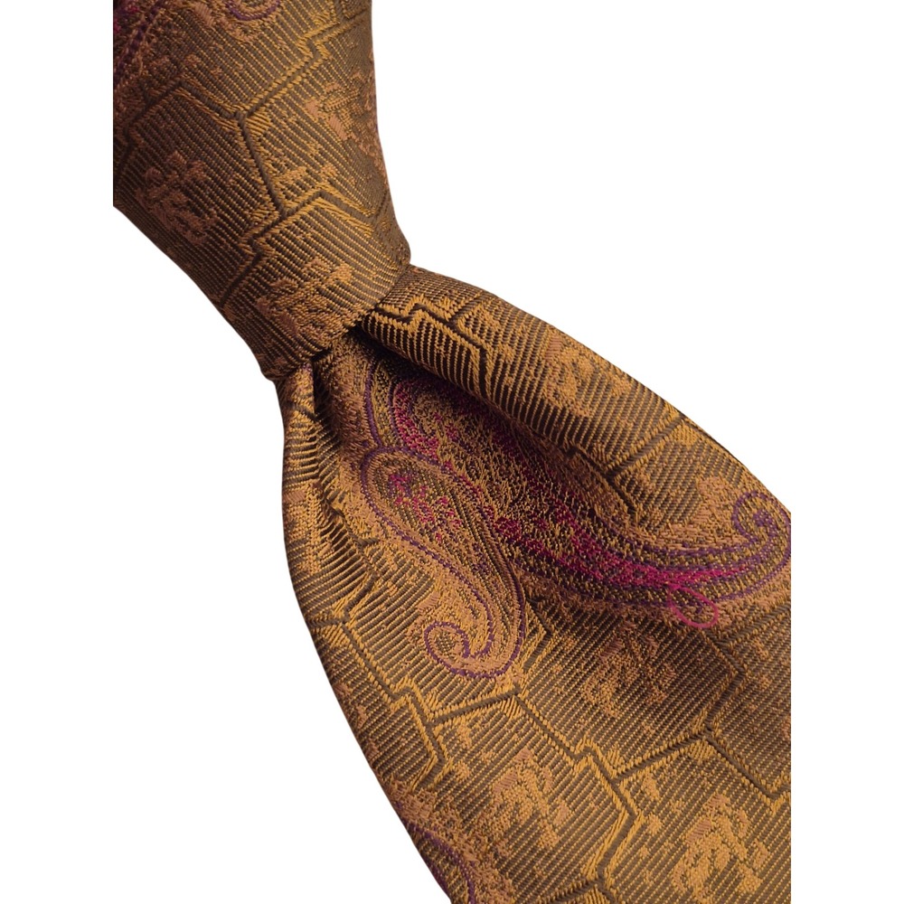 Paul Stuart Mens Gold Bronze Pink Paisley Geometric Italian Silk Necktie Tie